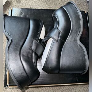 Brand New vegan leather loafers- flared wedges and a slip on fit